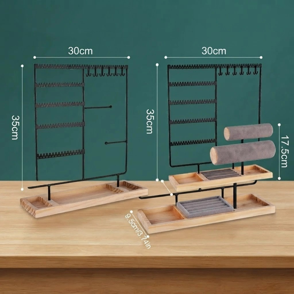 Présentoir à bijoux élégant en métal – Support organisateur de boucles d'oreilles et colliers avec plateau en bois
