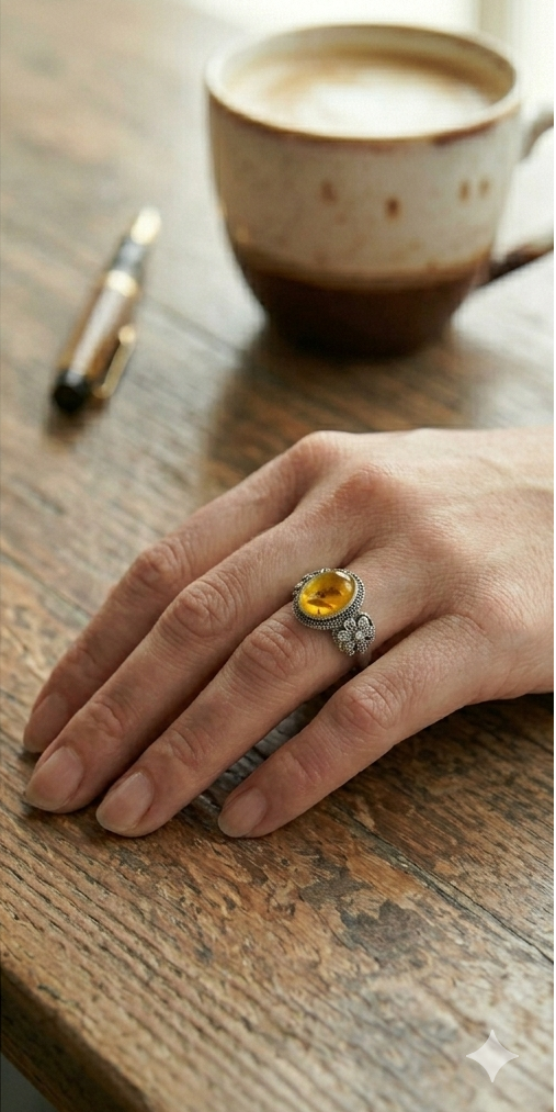 Bague Fleur en Ambre Naturelle et Argent Sterling S925