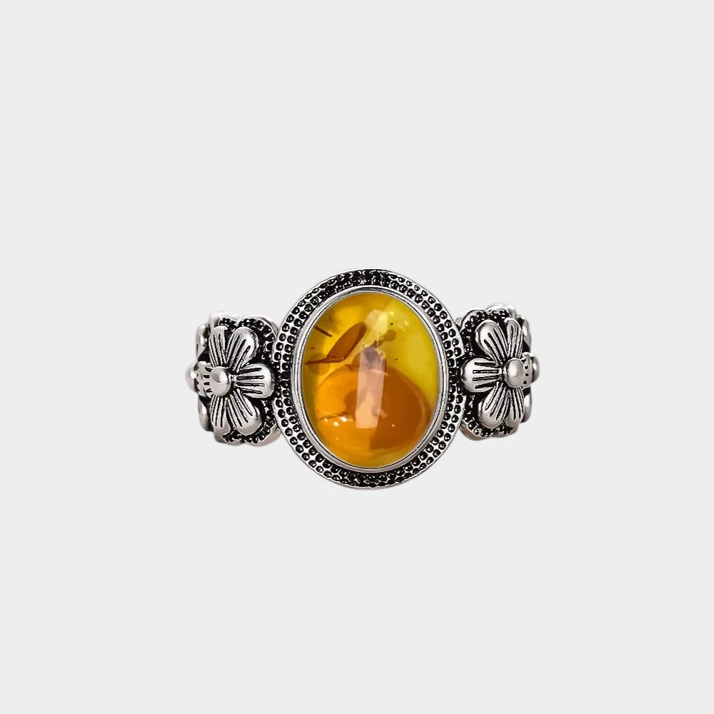 Bague Fleur en Ambre Naturelle et Argent Sterling S925