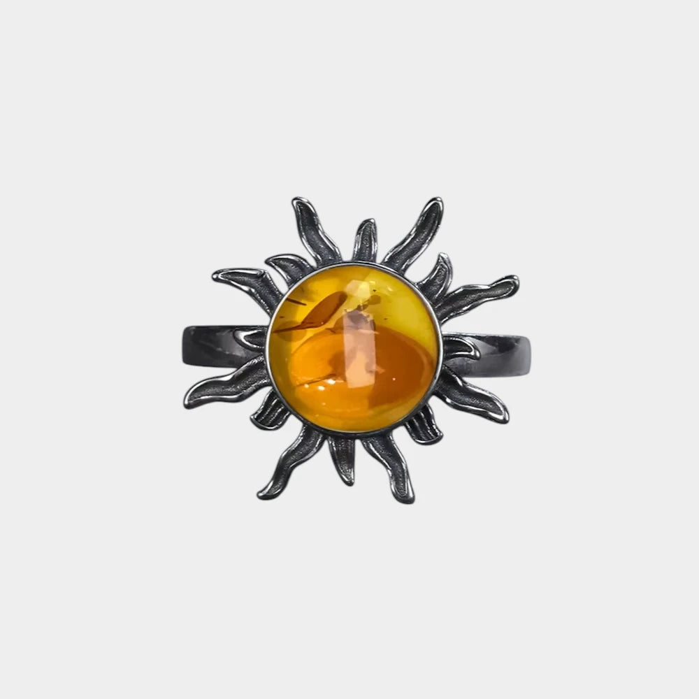 Bague Fleur en Ambre Naturelle et Argent Sterling S925