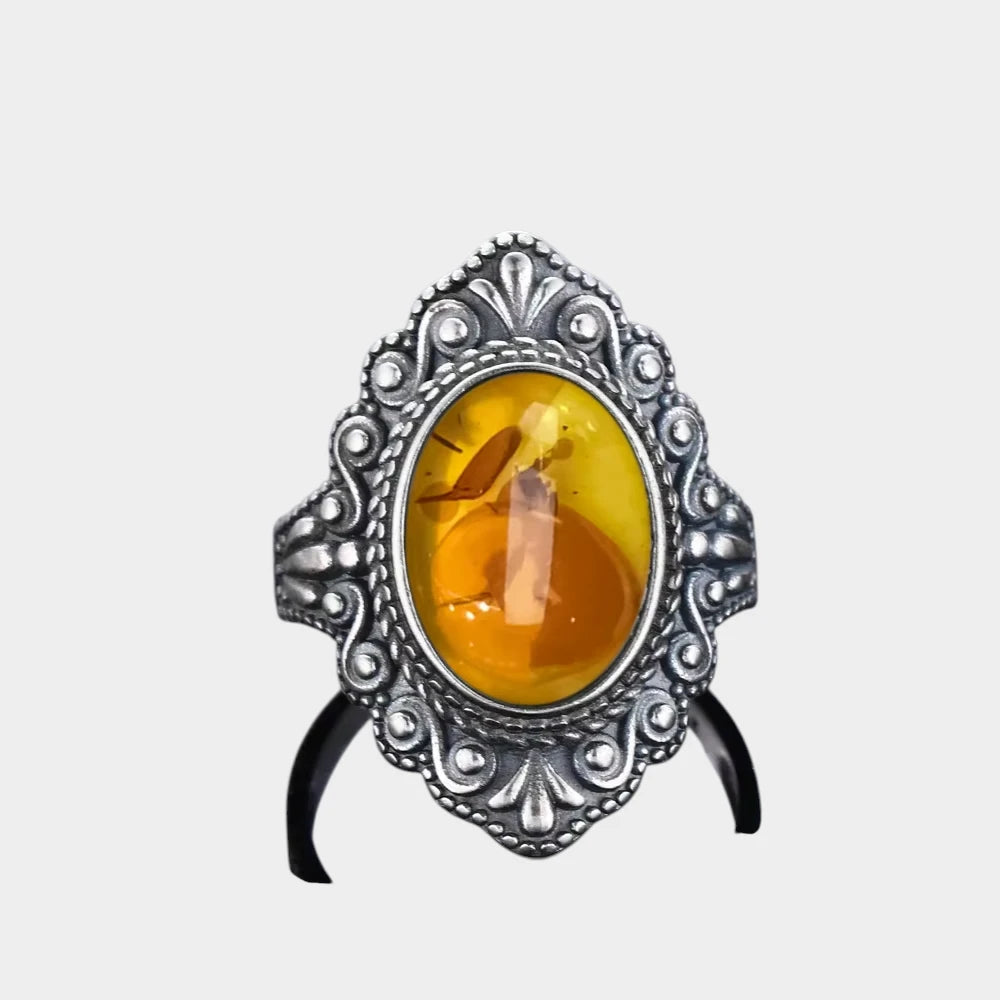 Bague Fleur en Ambre Naturelle et Argent Sterling S925