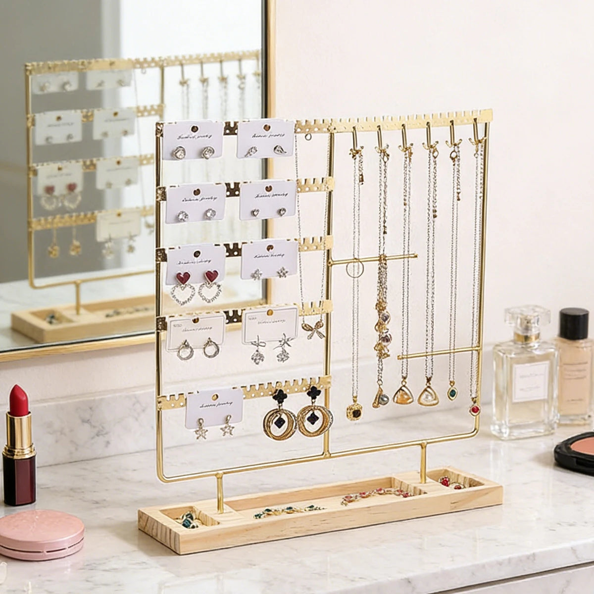 Présentoir à bijoux élégant en métal – Support organisateur de boucles d'oreilles et colliers avec plateau en bois