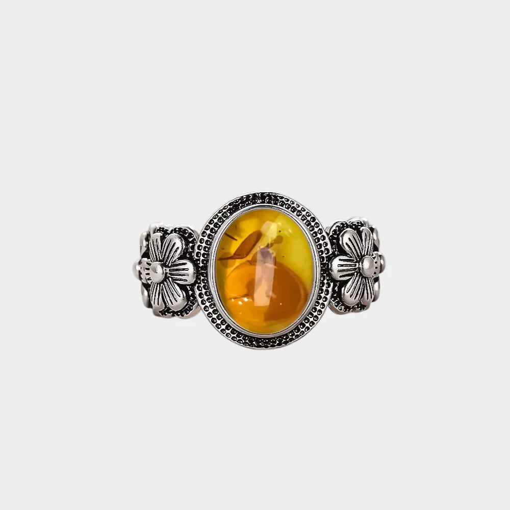Bague Fleur en Ambre Naturelle et Argent Sterling S925