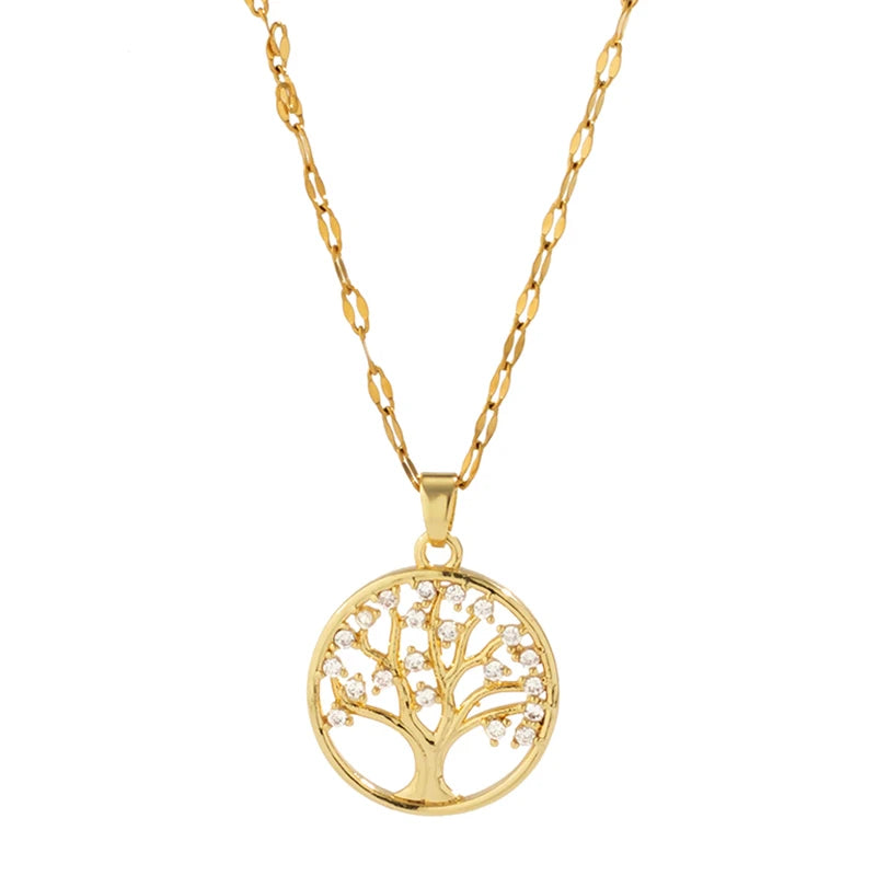 Collier Pendentif "Arbre de Vie" en Acier Inoxydable Doré et Strass – Élégance Vintage & Tendance