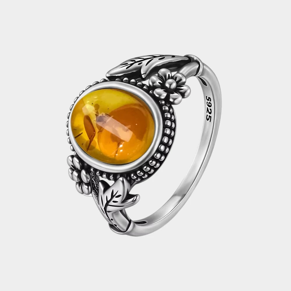Bague Fleur en Ambre Naturelle et Argent Sterling S925