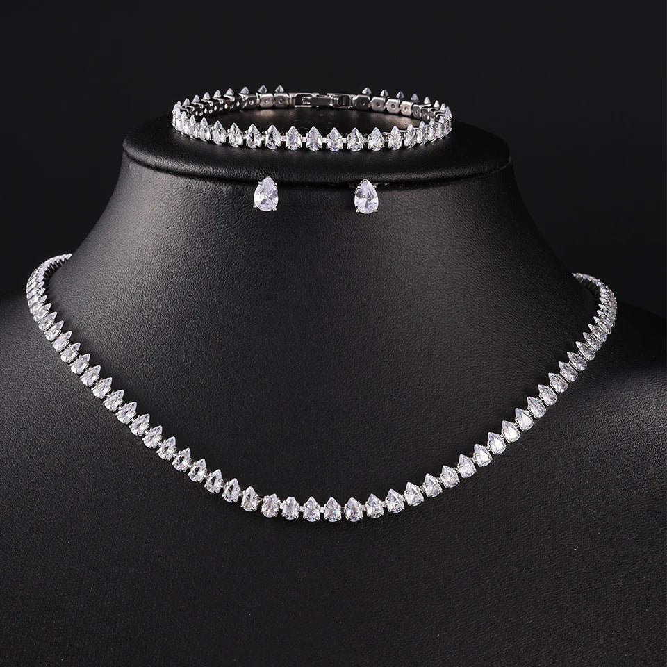 Parure de Bijoux Mariage pour Femme : Collier, Bracelet et Boucles d’oreilles en Zircon Cubique