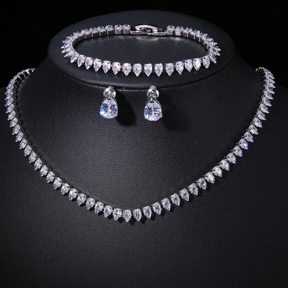Parure de Bijoux Mariage pour Femme : Collier, Bracelet et Boucles d’oreilles en Zircon Cubique