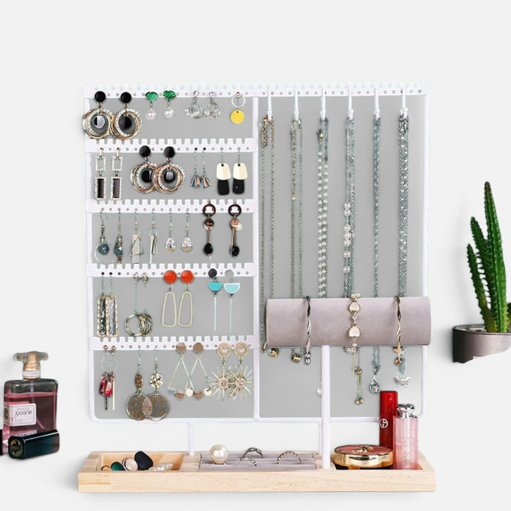 Présentoir à bijoux élégant en métal – Support organisateur de boucles d'oreilles et colliers avec plateau en bois