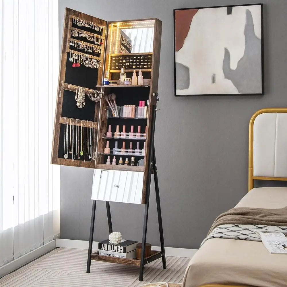 Armoire à Bijoux Miroir sur Pied avec Éclairage LED Intégré – Élégance et Organisation au Quotidien