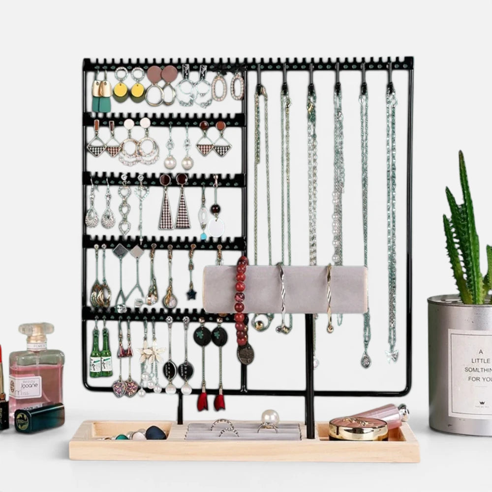 Présentoir à bijoux élégant en métal – Support organisateur de boucles d'oreilles et colliers avec plateau en bois