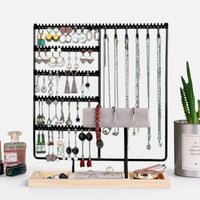 Présentoir à bijoux élégant en métal – Support organisateur de boucles d'oreilles et colliers avec plateau en bois