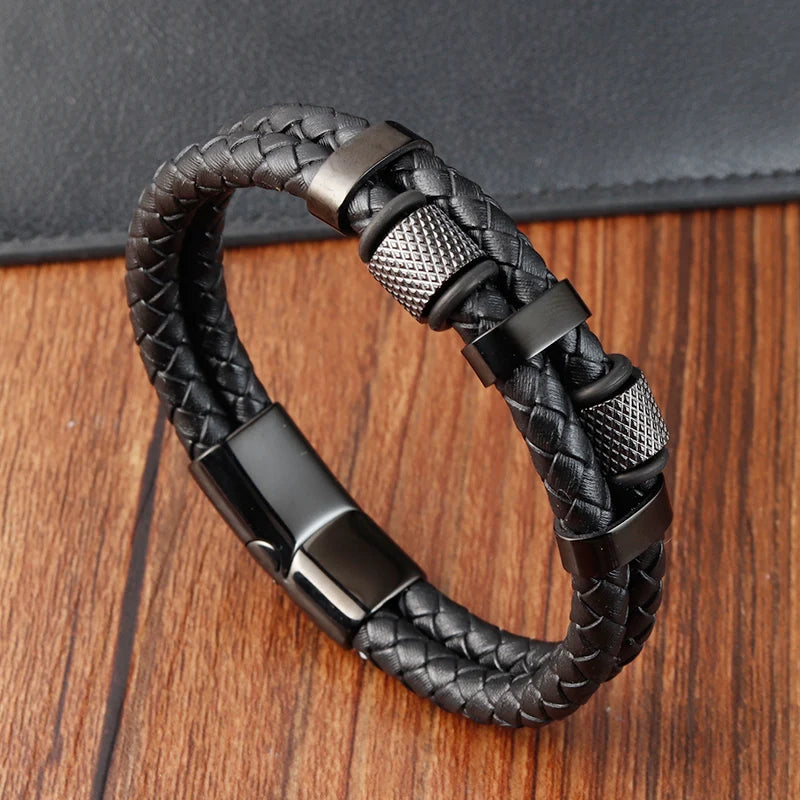 Bracelet en cuir tressé pour homme - Fermoir magnétique acier inoxydable - Design géométrique moderne