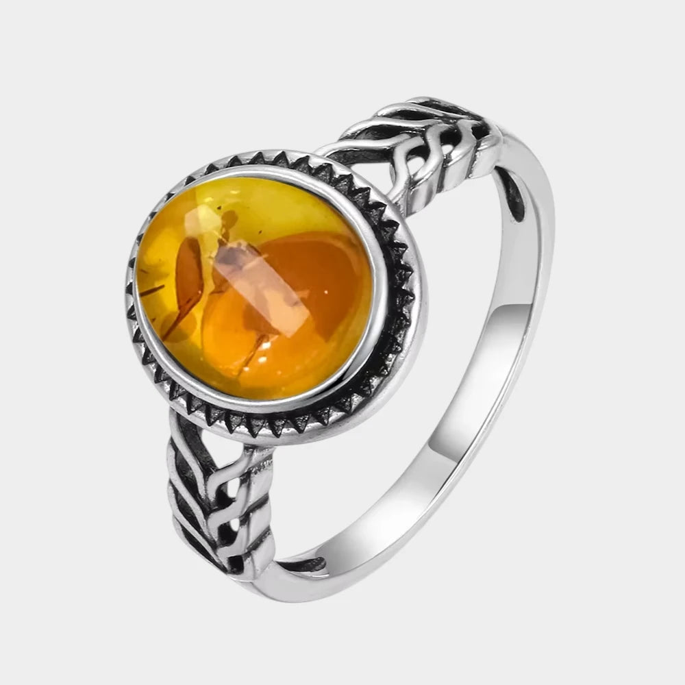Bague Fleur en Ambre Naturelle et Argent Sterling S925