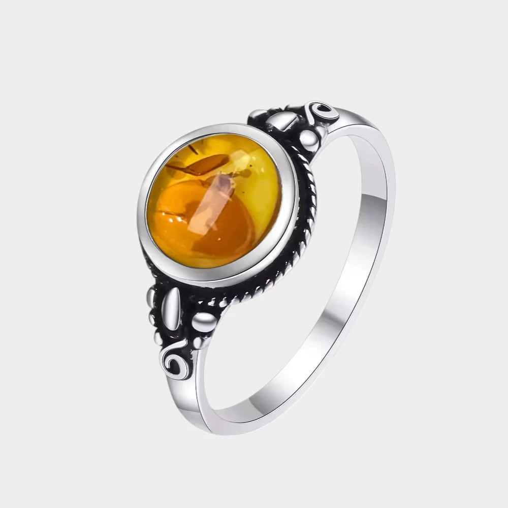 Bague Fleur en Ambre Naturelle et Argent Sterling S925
