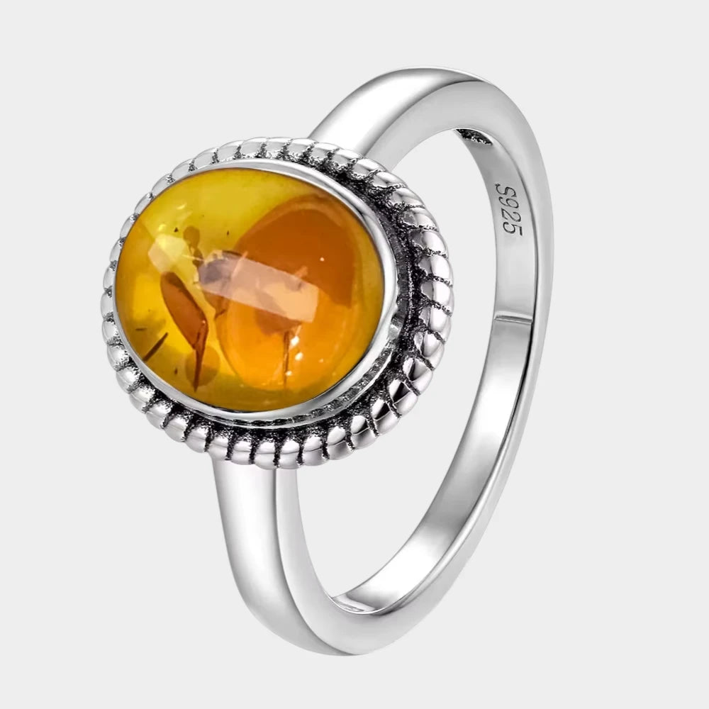 Bague Fleur en Ambre Naturelle et Argent Sterling S925