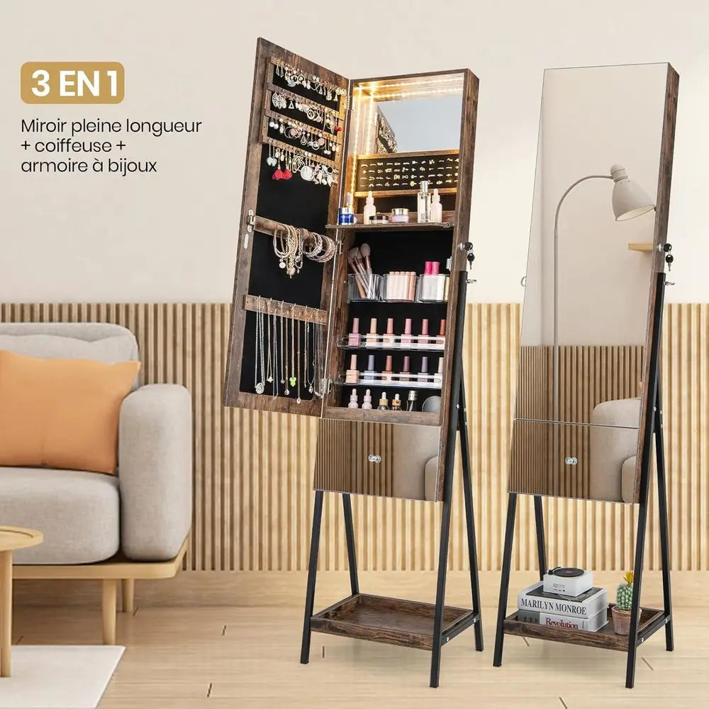 Armoire à Bijoux Miroir sur Pied avec Éclairage LED Intégré – Élégance et Organisation au Quotidien