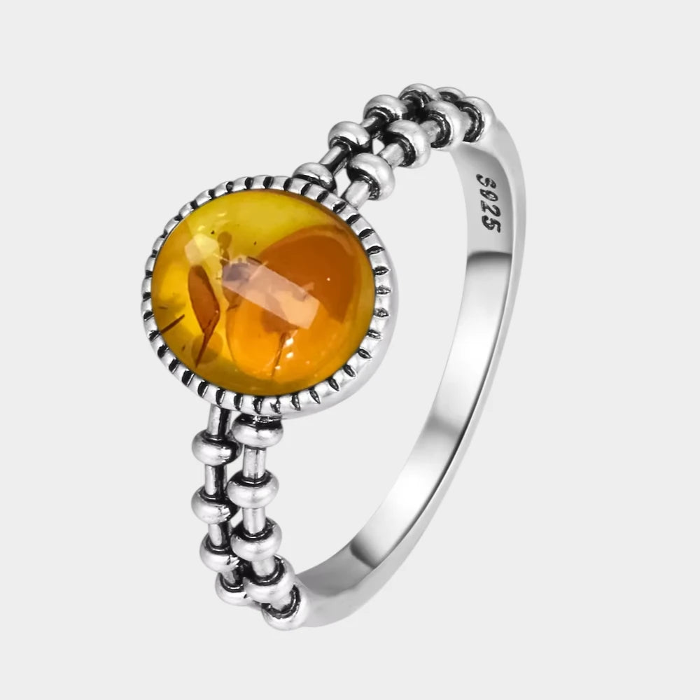 Bague Fleur en Ambre Naturelle et Argent Sterling S925