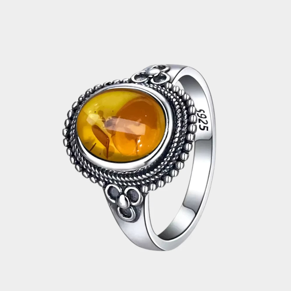 Bague Fleur en Ambre Naturelle et Argent Sterling S925