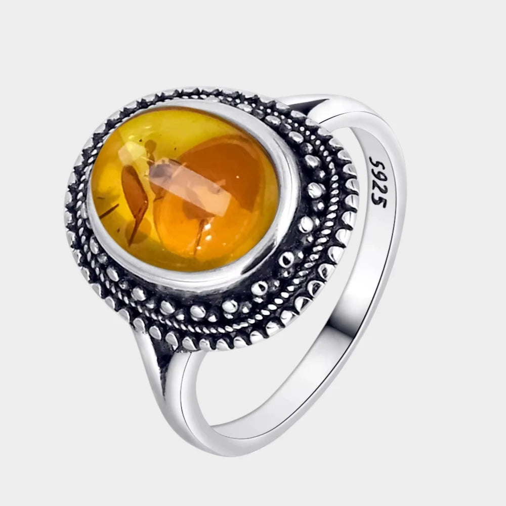 Bague Fleur en Ambre Naturelle et Argent Sterling S925