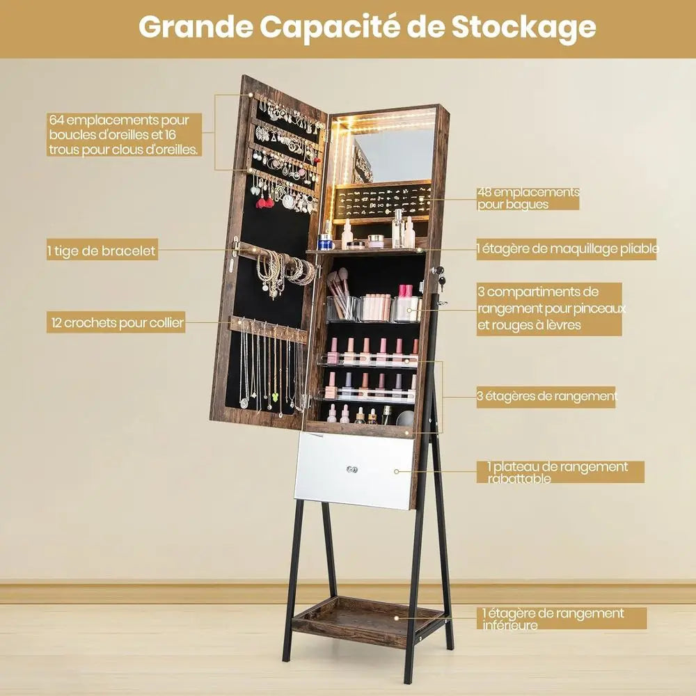 Armoire à Bijoux Miroir sur Pied avec Éclairage LED Intégré – Élégance et Organisation au Quotidien