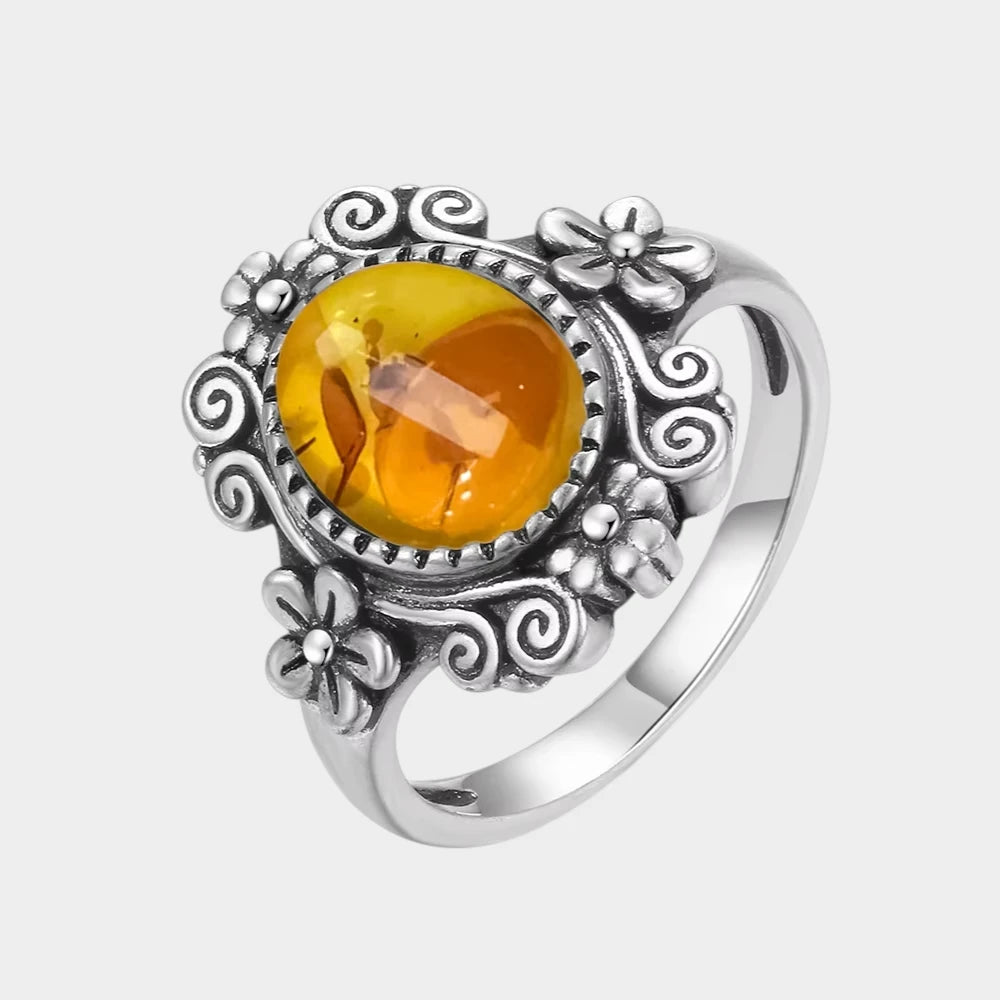 Bague Fleur en Ambre Naturelle et Argent Sterling S925