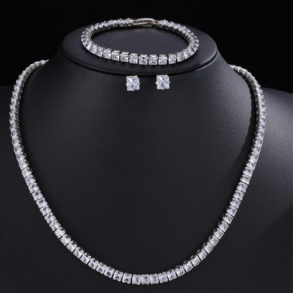 Parure de Bijoux Mariage pour Femme : Collier, Bracelet et Boucles d’oreilles en Zircon Cubique