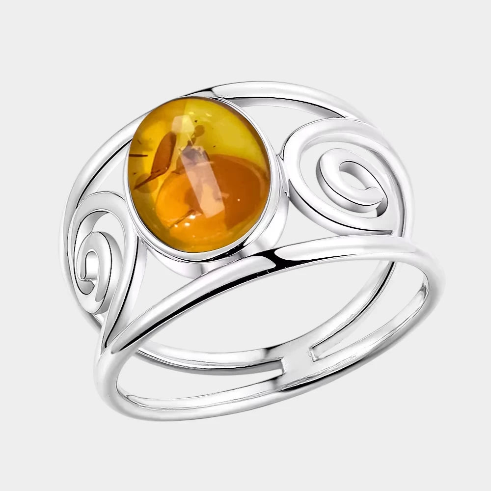 Bague Fleur en Ambre Naturelle et Argent Sterling S925