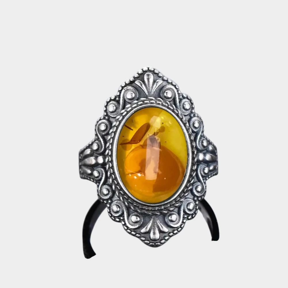 Bague Fleur en Ambre Naturelle et Argent Sterling S925