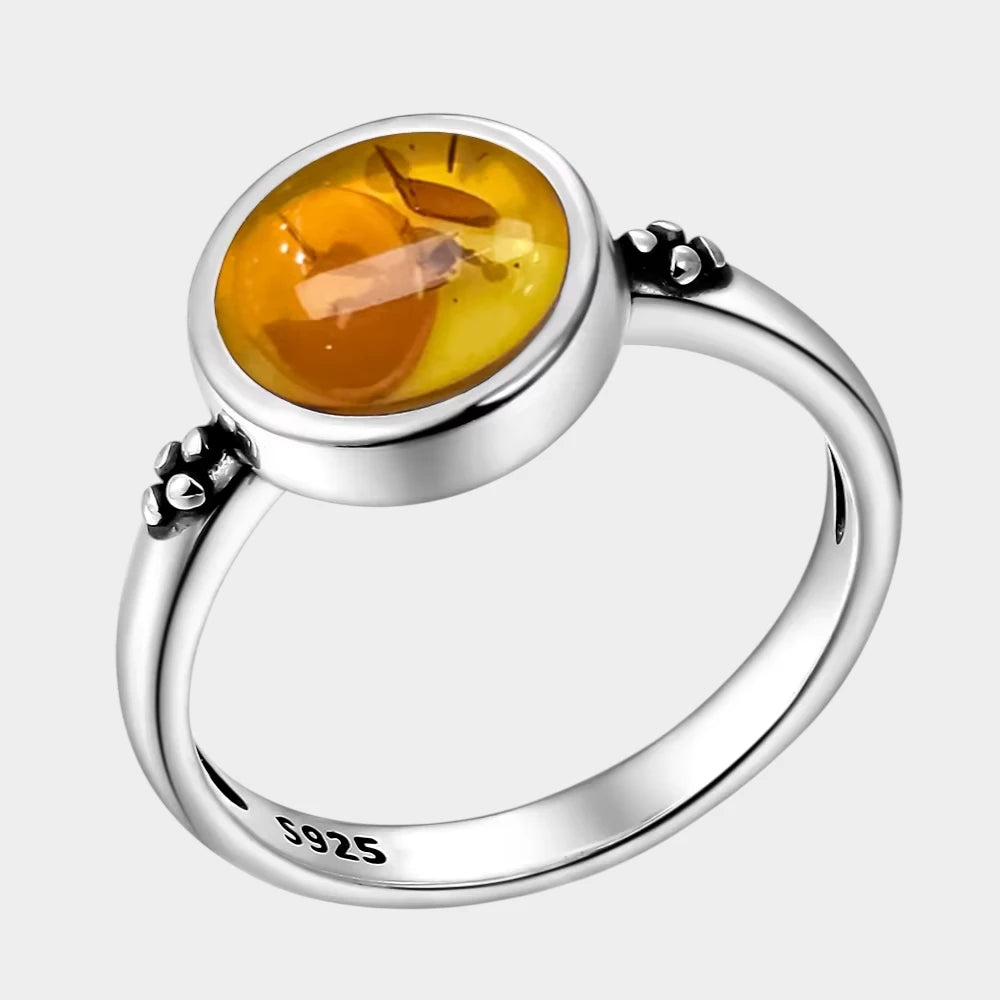 Bague Fleur en Ambre Naturelle et Argent Sterling S925