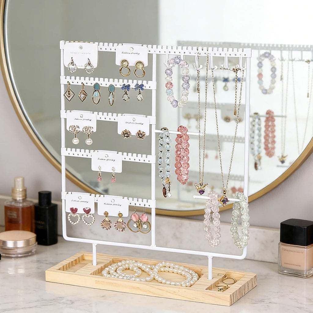 Présentoir à bijoux élégant en métal – Support organisateur de boucles d'oreilles et colliers avec plateau en bois