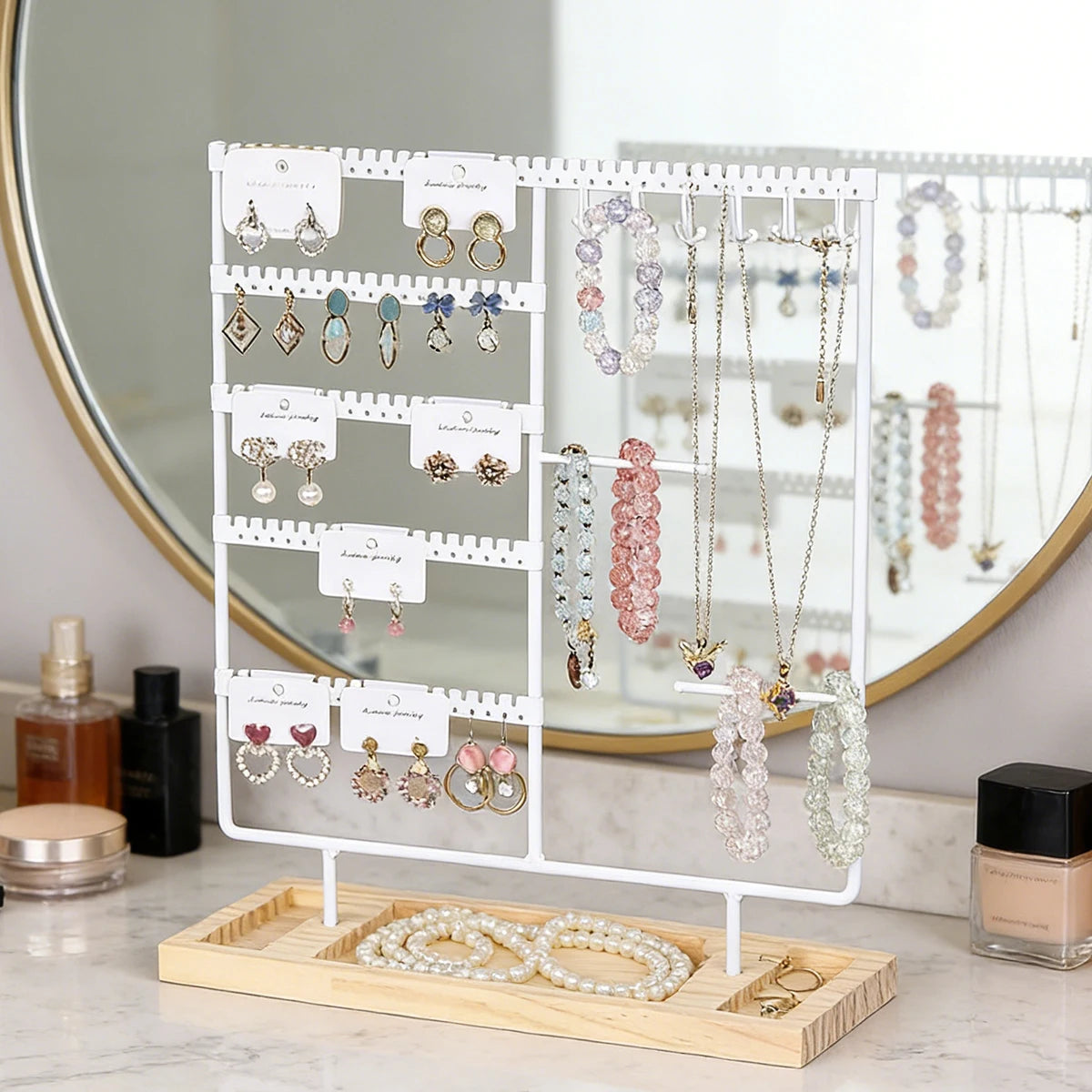 Présentoir à bijoux élégant en métal – Support organisateur de boucles d'oreilles et colliers avec plateau en bois