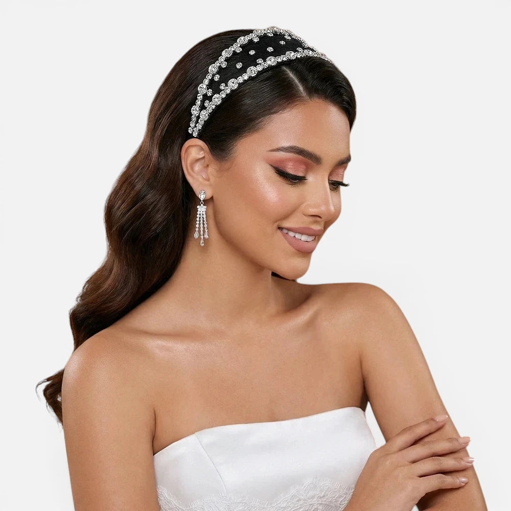 Serre-tête de Mariage Luxe en Organza et Strass – Accessoire Cheveux Artisanal pour Mariée et Soirée