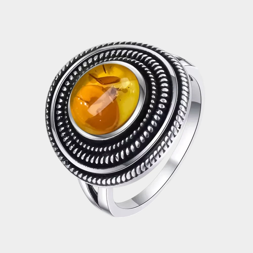 Bague Fleur en Ambre Naturelle et Argent Sterling S925