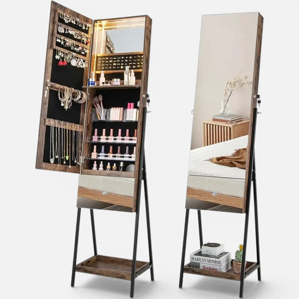 Armoire à Bijoux Miroir sur Pied avec Éclairage LED Intégré – Élégance et Organisation au Quotidien