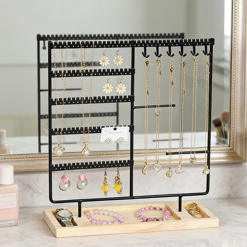 Présentoir à bijoux élégant en métal – Support organisateur de boucles d'oreilles et colliers avec plateau en bois