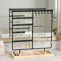 Présentoir à bijoux élégant en métal – Support organisateur de boucles d'oreilles et colliers avec plateau en bois