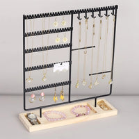 Présentoir à bijoux élégant en métal – Support organisateur de boucles d'oreilles et colliers avec plateau en bois
