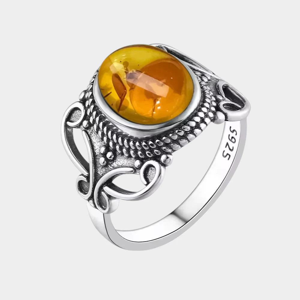 Bague Fleur en Ambre Naturelle et Argent Sterling S925