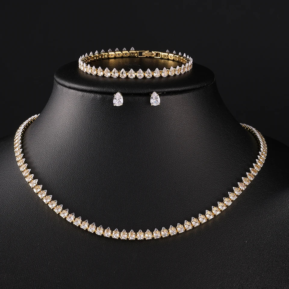 Parure de Bijoux Mariage pour Femme : Collier, Bracelet et Boucles d’oreilles en Zircon Cubique
