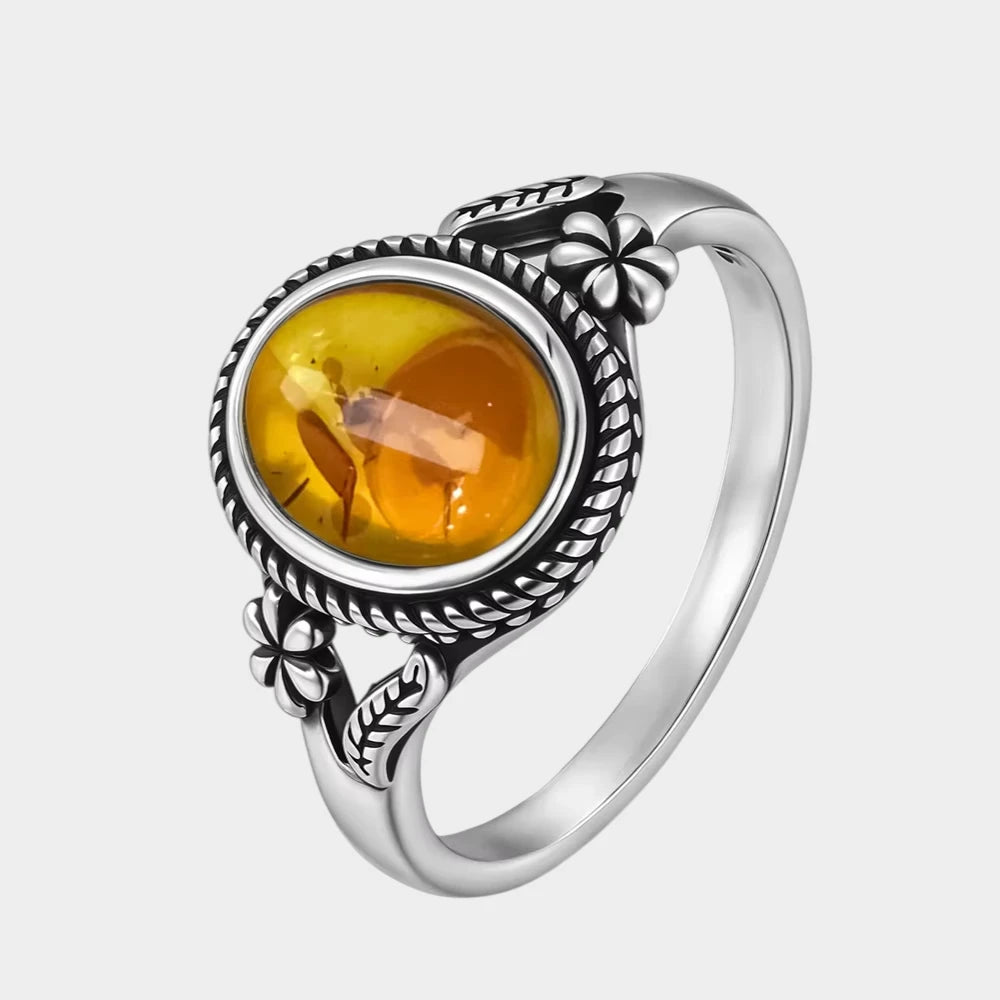 Bague Fleur en Ambre Naturelle et Argent Sterling S925