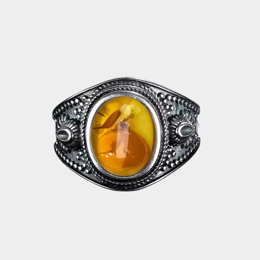 Bague Fleur en Ambre Naturelle et Argent Sterling S925
