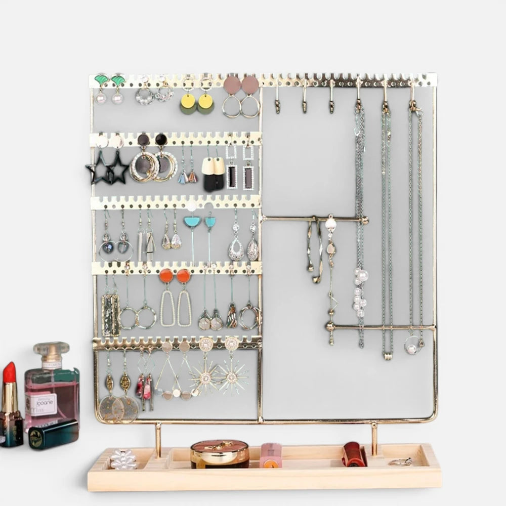 Présentoir à bijoux élégant en métal – Support organisateur de boucles d'oreilles et colliers avec plateau en bois