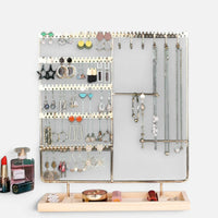 Présentoir à bijoux élégant en métal – Support organisateur de boucles d'oreilles et colliers avec plateau en bois