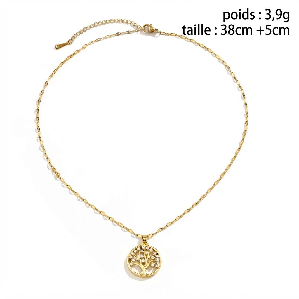 Collier Pendentif "Arbre de Vie" en Acier Inoxydable Doré et Strass – Élégance Vintage & Tendance