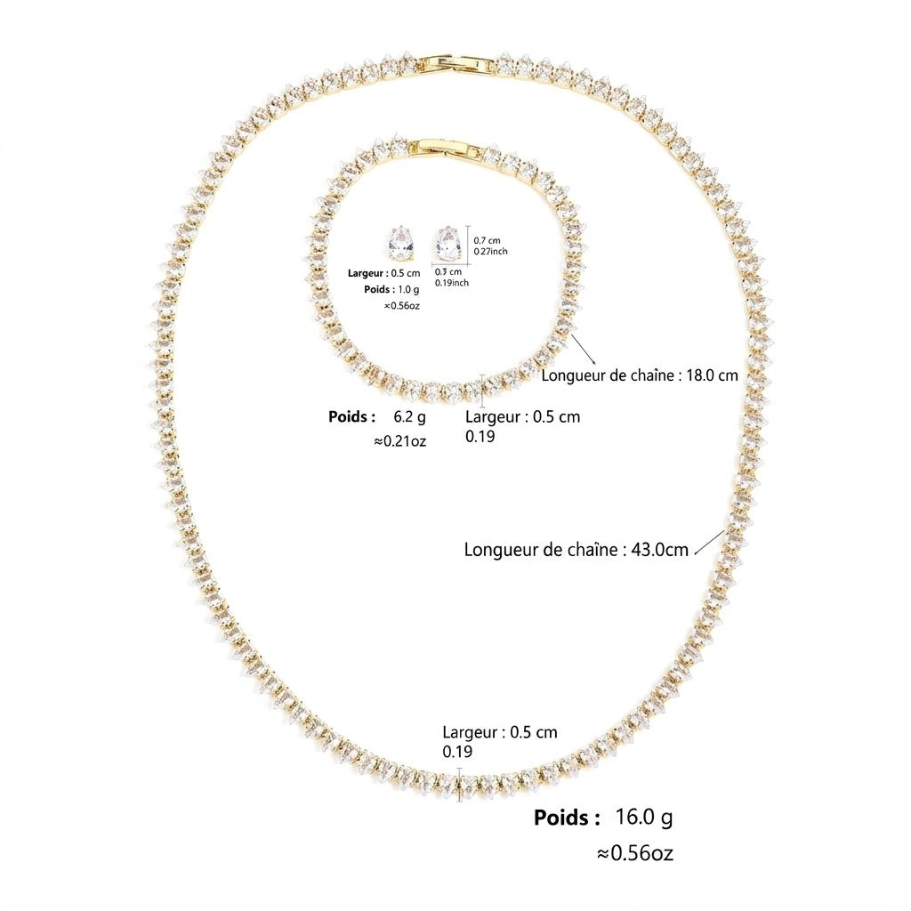 Parure de Bijoux Mariage pour Femme : Collier, Bracelet et Boucles d’oreilles en Zircon Cubique